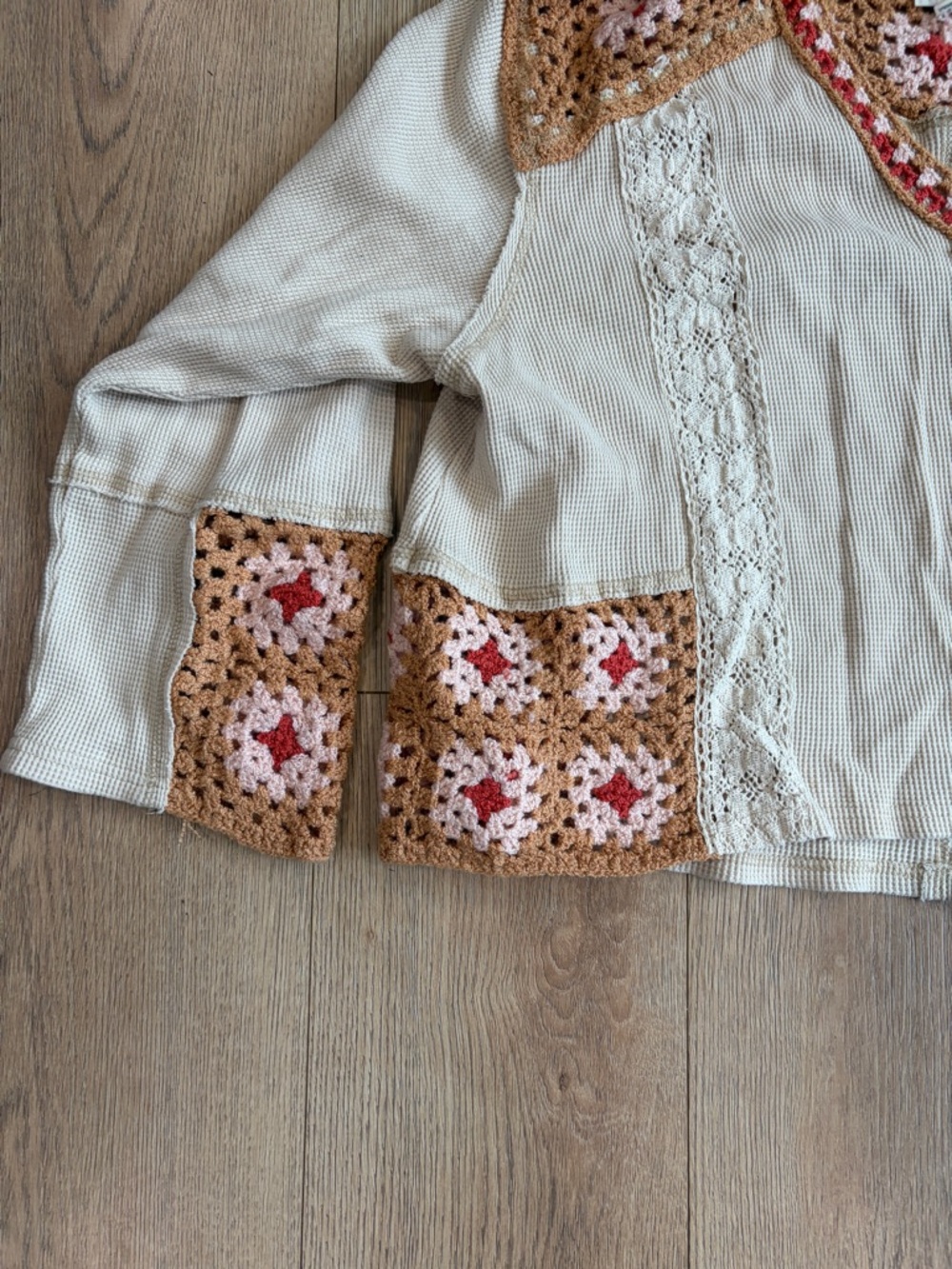 POL Crochet Patchwork Hoodie Top Boho Free People Style Thermal Lace Medium - Picture 7 of 8